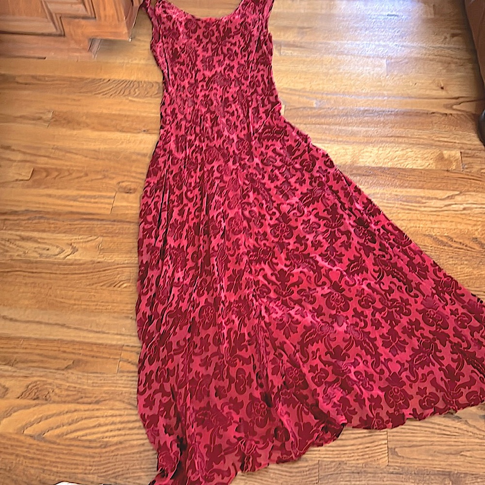 💃🏻💃🏻RED on RED Sexy BurnoutVelvet&Silk biasMaxiDress.SeperateRedSilkSlip.S:6